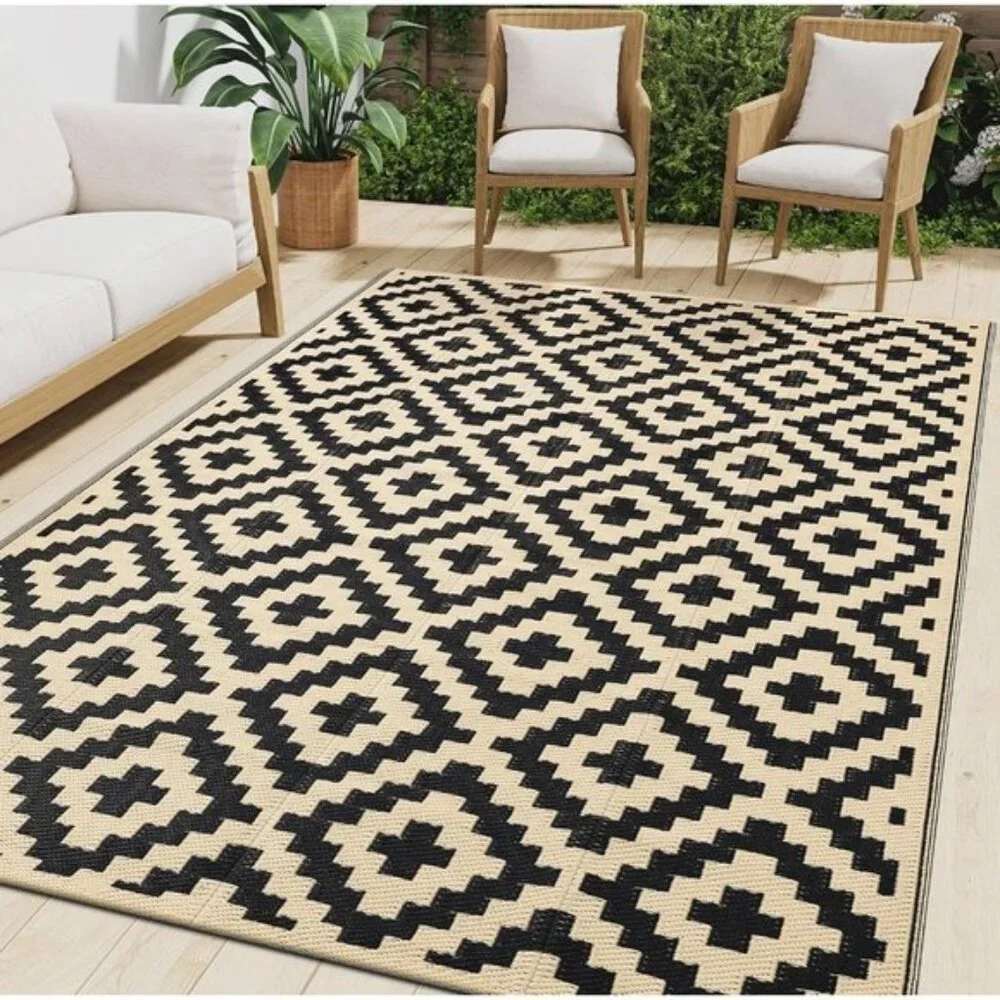 Waterproof 5x8 Outdoor Rug, Reversible Plastic Straw Patio RV Mat, Black/Beige